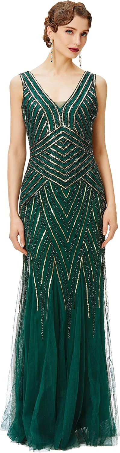 Women's Flapper Dress 1920s V-Neck Evening Gown Sequin Beaded Maxi Dress for Wedding Green Gold