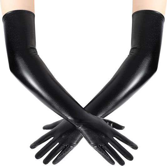 Long Gloves for Women - Shiny Metallic Wet Look Elbow Length Stretchy Halloween Costumes
