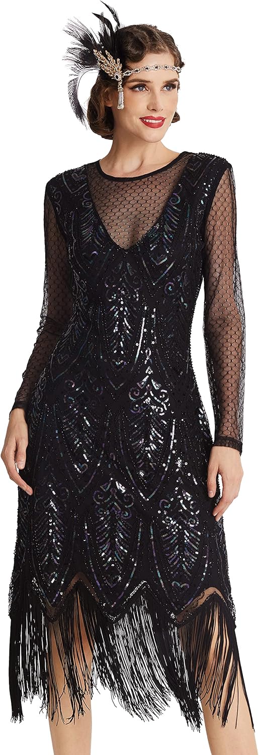 BABEYOND Women's Gatsby Flapper Dress - 1920s Long Sleeves Sequin Beaded Dress for Party Black