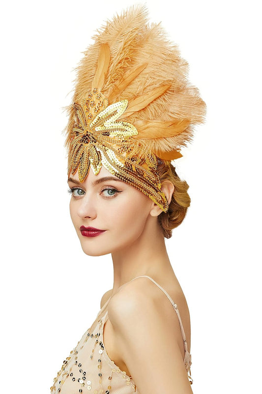 Carnival Feather Headpiece Showgirl Pageant Headband Women's 1920s Flapper Headband (Gold)