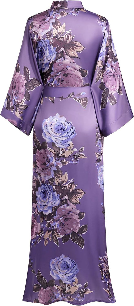 Women's Kimono Robe Long Satin Silky Floral Lightweight Bridesmaid Wedding Bachelorette Party Robe
