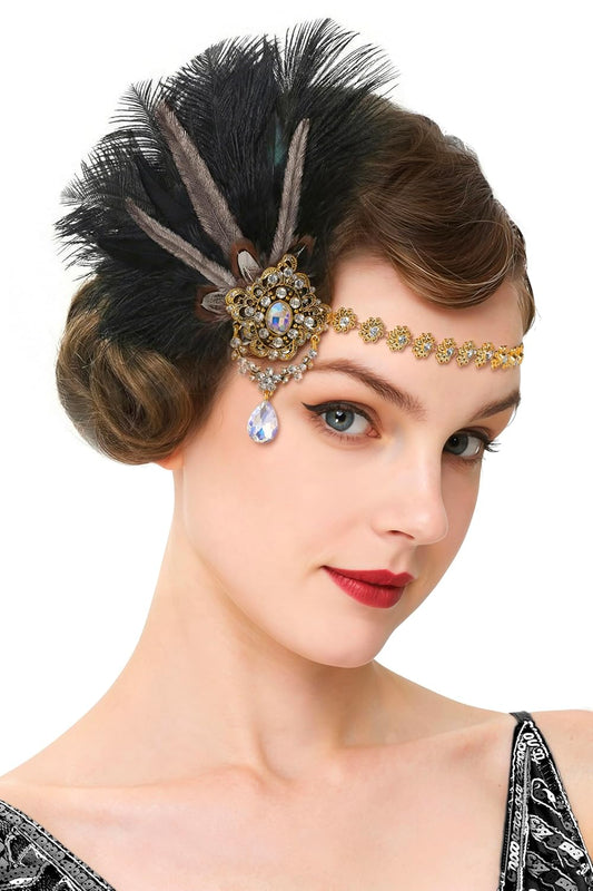 1920s Flapper Feather Headpiece for Women, Great Gatsby Rhinestone Elastic Headband, Handmade Vintage Hair Accessory(Black)