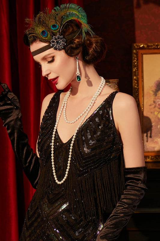 1920s Flapper Accessories Gatsby Costume Accessories Set 20s Flapper Headband Pearl Necklace Gloves Plastic Holder