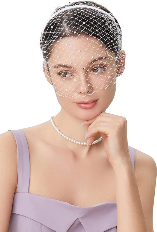 1920s Flapper Fascinator Mesh Veil Headband Bridal Wedding Tea Party Fascinator Veil with Rhinestone for Women