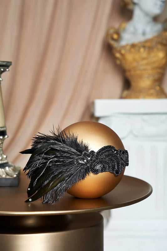 1920s Flapper Headband Black Feather Headpiece 20s Gatsby Accessory