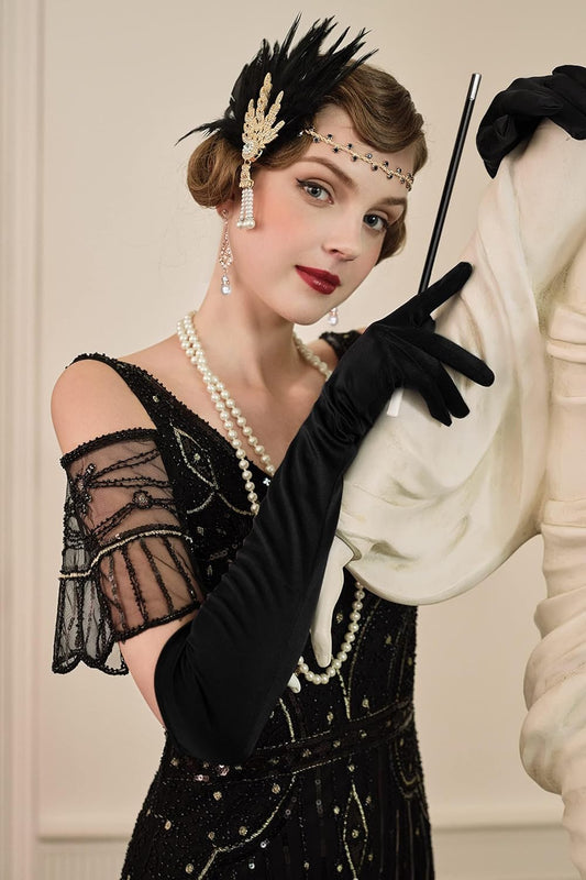 1920s Flapper Gatsby Costume Accessories Set 20s Flapper Headband Pearl Necklace Gloves Holder