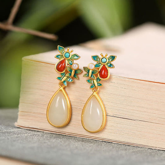 Jade Water Drop White Jade Red Agate Butterfly Protection Drop Dangle Earrings