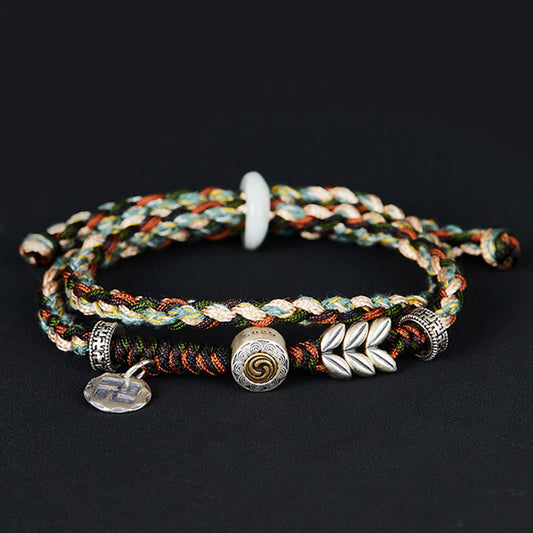 Antikes tibetisch-buddhistisches Armband mit roter Schnur, handgefertigt aus 925er Sterlingsilber mit Swastika-Weizenmuster – ein Glücksbringer