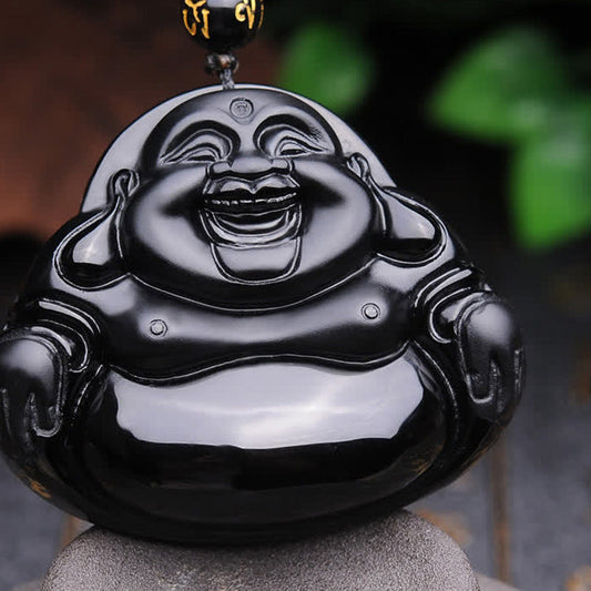 Spirituality Laughing Buddha Black Obsidian Transformation Pendant Necklace