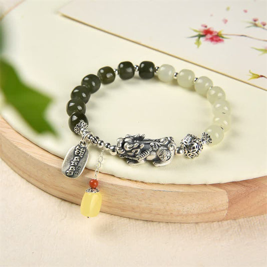Jade-Armband aus 925er Sterlingsilber, natürlichem Hetian-Jade und Bernstein (PiXiu-Glücksarmband)