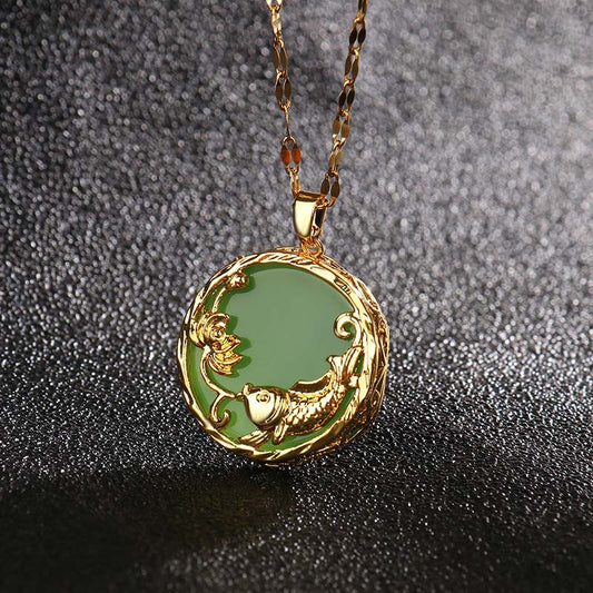 Jade Natural Jade Koi Fish Lotus Luck Necklace Pendant