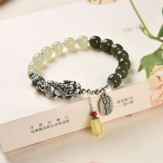 Jade-Armband aus 925er Sterlingsilber, natürlichem Hetian-Jade und Bernstein (PiXiu-Glücksarmband)