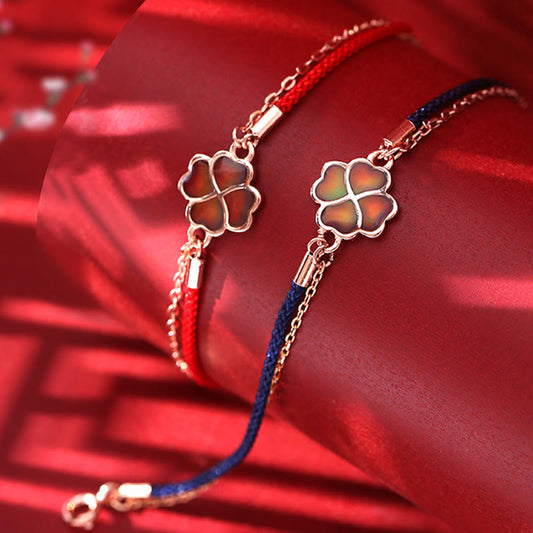 Ancient Tibetan Buddhist Red String Tradition 925 Sterling Silver Color-changing Four Leaf Clover Luck Protection Red String Bracelet