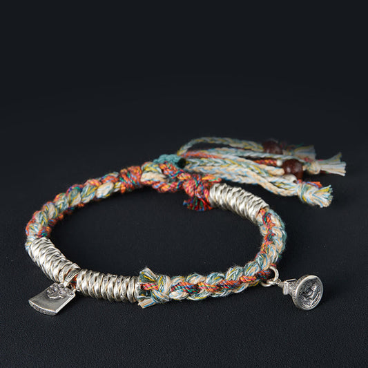 Altes tibetisch-buddhistisches Armband mit roter Schnur, handgefertigt aus 925er Sterlingsilber, zum Schutz, mehrsträngig
