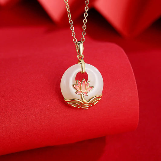 Jade 925 Sterling Silver Hetian White Jade Lotus Flower Blessing Necklace Pendant