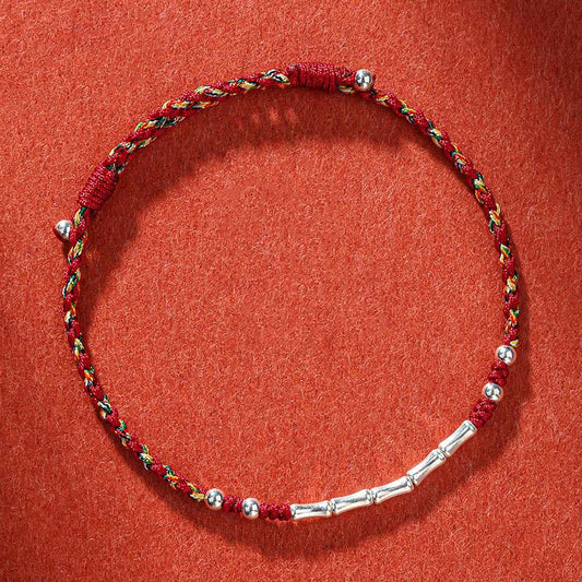 Antikes tibetisch-buddhistisches Armband aus geflochtenem Bambus mit roter Schnur – traditionelles Design aus Tibet – mehrfarbiges Schutzarmband
