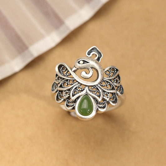 Jade 925 Sterling Silver Peacock Hetian Cyan Jade Fortune Adjustable Ring