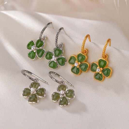 Jade 925 Sterling Silver Natural Cyan Jade Four Leaf Clover Luck Success Earrings