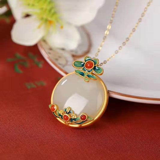 Jade White Jade Red Agate Flower Blessing Luck Necklace Pendant