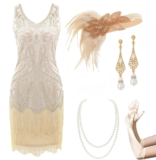 Women’s Flapper Dresses Set 1920s V Neck Beaded Fringed Great Gatsby Dress with Accessories Set