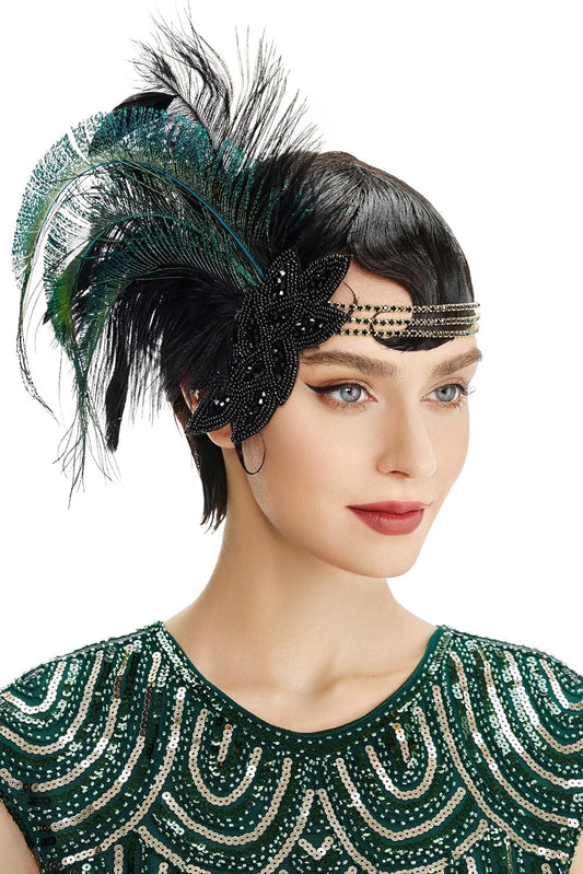 Art Deco 1920s Flapper Headpiece Roaring 20s Great Gatsby Feather Headband 1920s Flapper Accessories