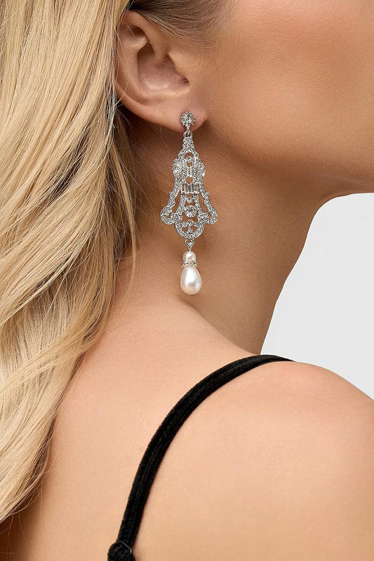 1920s Flapper Art Deco Gatsby Earrings 20s Flapper Gatsby Accessories Vintage Wedding Dangle Pearl Earrings