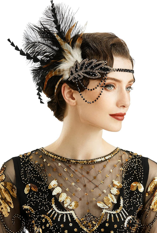 1920s Headpiece Flapper Headband - Roaring 20's Sequined Showgirl Hair Band with Feather