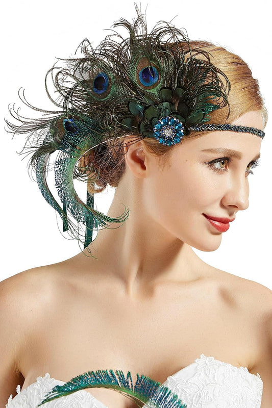 1920s Flapper Peacock Feather Headband Roaring 20s Beaded Headpiece 1920s Great Gatsby Costume Hair Accessories(Blue & Green)