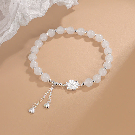 Jade White Jade Peach Blossom Petals Flower Luck Bracelet