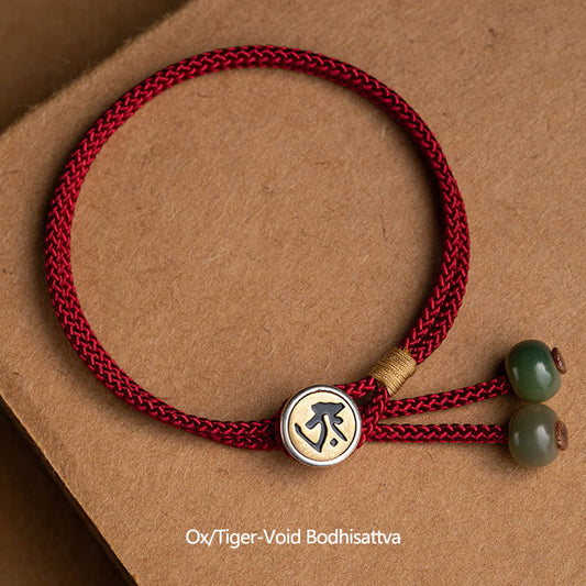 Alte tibetisch-buddhistische Tradition: Armband aus 925er Sterlingsilber, handgefertigt, mit Motiv des chinesischen Tierkreiszeichens, Buddha-Motiv, Bodhi-Samen-Schutz und geflochtenem roten Faden.