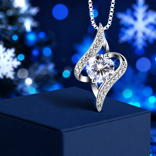 Eternal Radiance 925 Sterling Silver Wave Pendant Necklace – Sparkling Solitaire Luxury Gift for Your Beloved