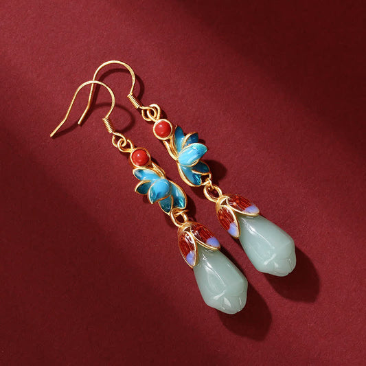Jade Magnolia Flower Jade Pattern Luck Prosperity Drop Dangle Earrings