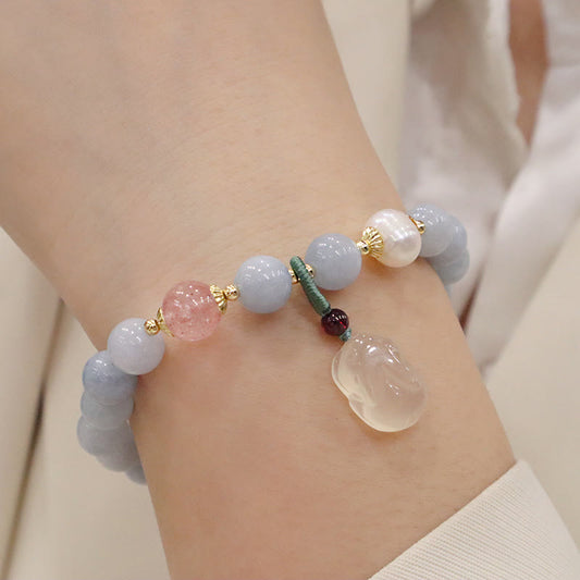 Ancient Tibetan Buddhist Red String Tradition Natural Aquamarine Chalcedony Serenity Rabbit Gourd Cat Charm Bracelet