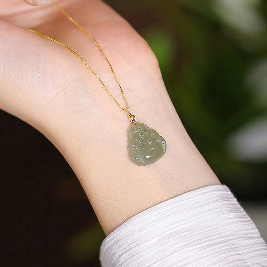 Spirituality 925 Sterling Silver Natural Hetian Jade Cyan Jade Luck Laughing Buddha Butterfly Necklace Pendant