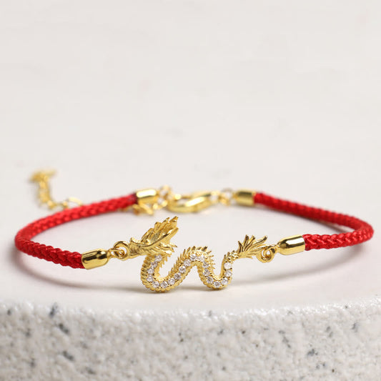 Ancient Tibetan Buddhist Red String Tradition 925 Sterling Silver Year Of The Dragon Auspicious Golden Dragon Luck Red Rope Chain Bracelet (Extra 30% Off | USE CODE: FS30)