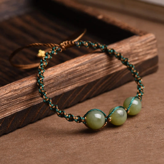 Ancient Tibetan Buddhist Red String Tradition Handmade Rope Luck Three Jade Bead Abundance Bracelet