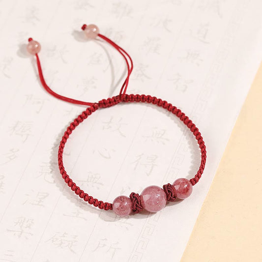 Spirituality Buddha Karma Natural Strawberry Quartz Crystal Love Red String Weave Bracelet Anklet