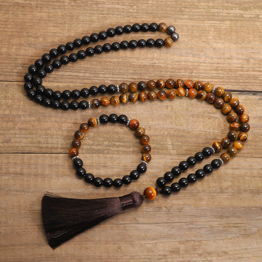 Mala-Halskette und Armband-Set aus natürlichem Tigerauge mit 108 Perlen – Spiritueller Schmuck für Mut, Energie und Chakra-Ausgleich