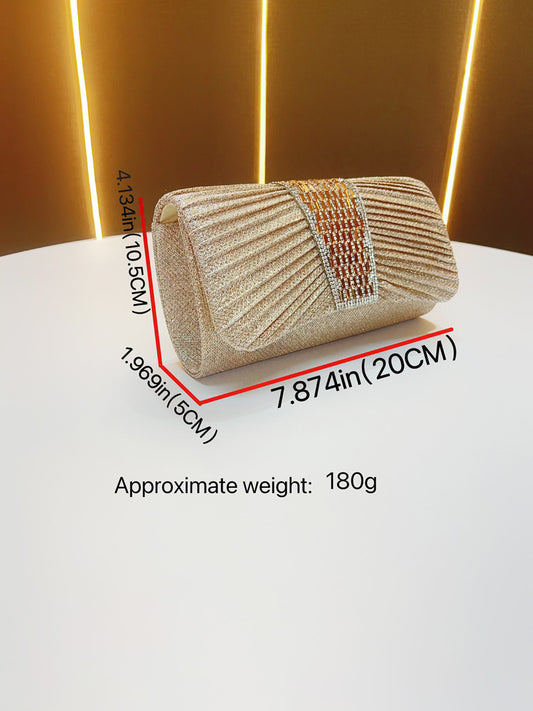 2026 New 015 The Crystal-Embellished Pleated Evening Clutch | Luxury Champagne Gold Celebration Purse