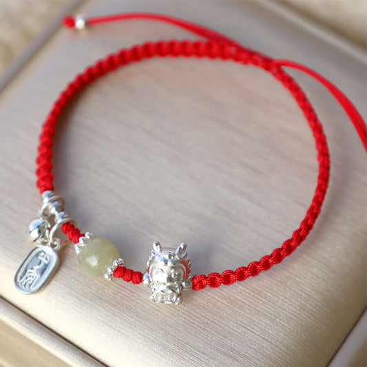 Handgefertigtes Armband aus Jade, 999er Sterlingsilber, Hetian-Jade und Kupfermünze, Jahr des Drachen, Schutz für Frieden und Freude