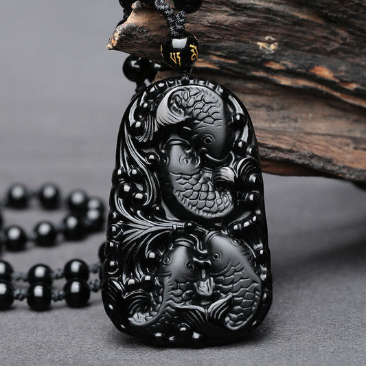 Spiritualität Buddha Karma Schwarzer Obsidian Koi Fisch Gravur Stärke Perlenkette Anhänger
