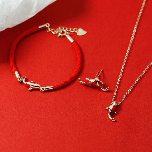 Ancient Tibetan Buddhist Red String Tradition Copper Koi Fish Wealth Necklace Pendant Red Rope Bracelet Earrings Set