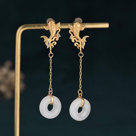 Jade FengShui Koi Weiße Jade Glücksohrringe