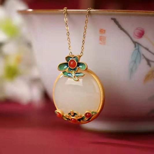 Jade White Jade Red Agate Flower Blessing Luck Necklace Pendant