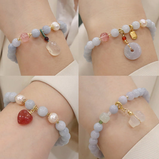 Ancient Tibetan Buddhist Red String Tradition Natural Aquamarine Chalcedony Serenity Rabbit Gourd Cat Charm Bracelet