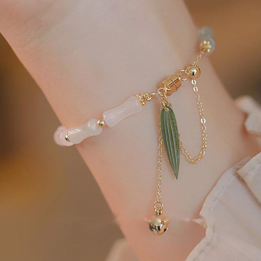 Jade 14K Gold Plated Hetian White Jade Bamboo Leaf Luck Protection Bracelet