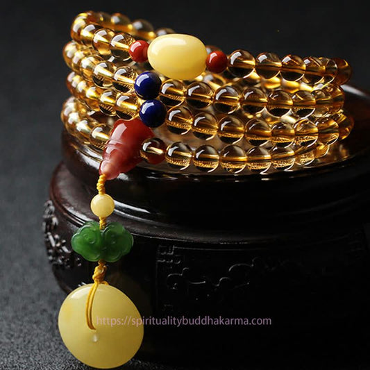 108 Mala Beads Natural Wealth Solar Plexus Chakra (Third Chakra) Amber Peace Buckle Red Agate PiXiu Protection Charm Bracelet