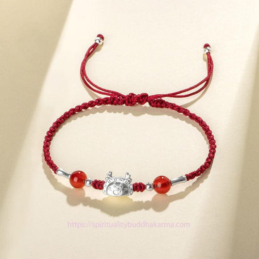 Ancient Tibetan Buddhist Red String Tradition 999 Sterling Silver Year of the Dragon Fu Character Dumpling Red Agate Luck Handcrafted Bracelet (Extra 30% Off | USE CODE: FS30)