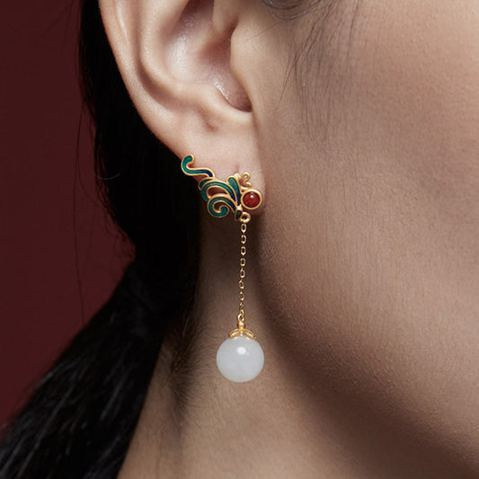 Jade Vintage White Jade Red Agate Bead Blessing Drop Dangle Earrings