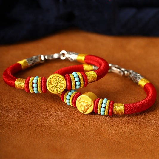 Antikes tibetisch-buddhistisches Armband mit roter Schnur, 999er Gold, chinesischem Tierkreiszeichen, Om Mani Padme Hum und King Kong-Knoten zum Schutz, handgefertigt